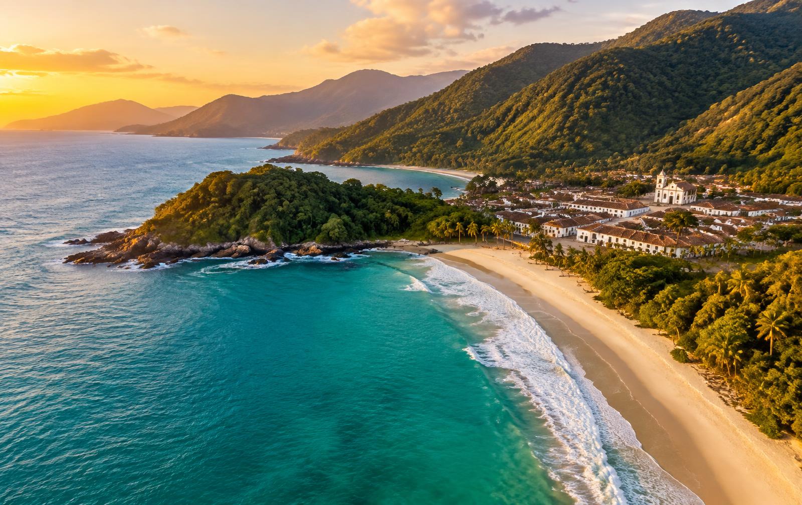 Praia com mata atlântica e cidade histórica no litoral brasileiro